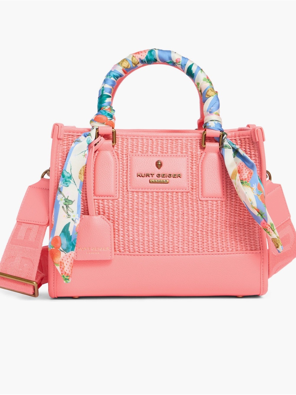 Kurt Geiger Coral Pink Woven Satchel with Floral-Tie Handles